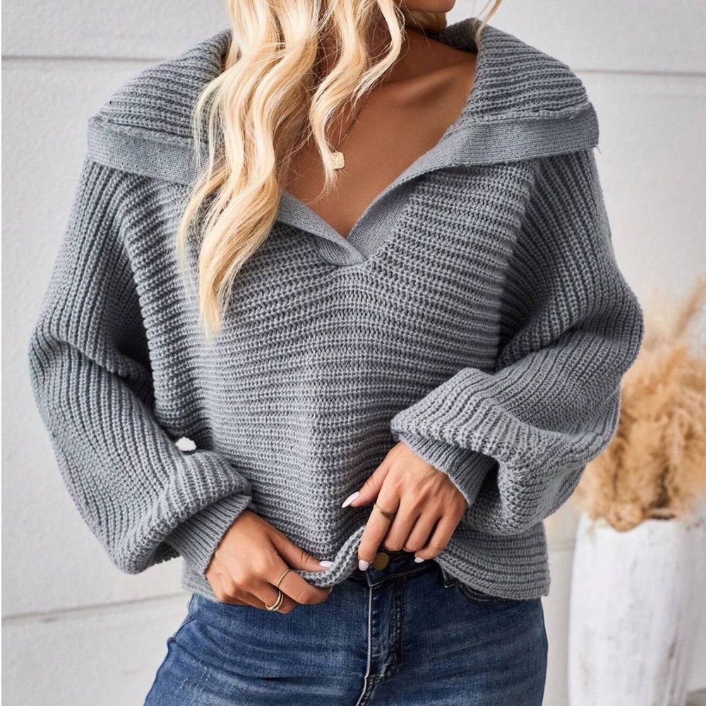 Cozy Grey Wide Collar Knit Sweater Top